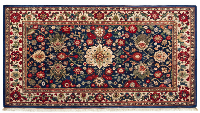 Intricate Floral Patterned Oriental Rug with Navy Blue Background and Cream Border