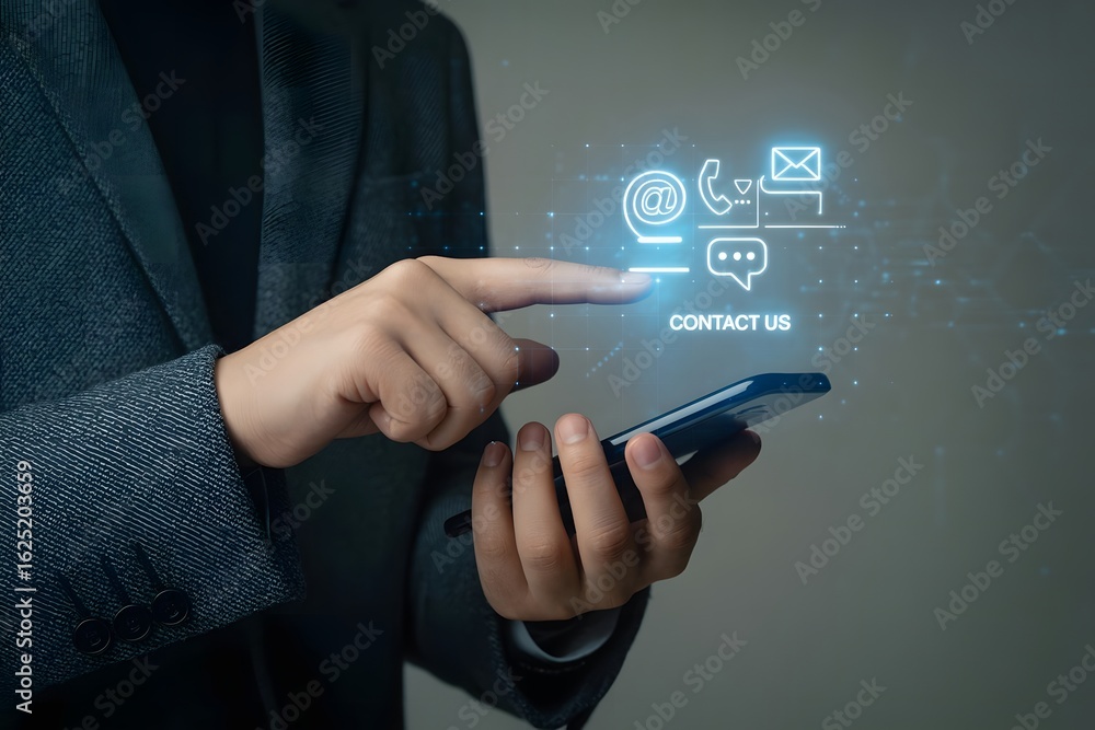 Poster close up of a person s hands holding a smartphone and interacting with a futuristic holographic inte