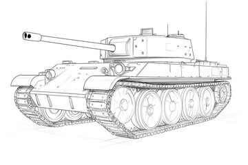 Illustration of a heavy military tank featuring a long barrel, tracks, and heavy armor, rendered in a detailed, black-and-white line drawing.