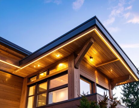 Modern wooden house exterior at dusk, illuminated soffit lighting, showcasing architectural details.