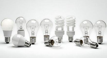 An arrangement of various light bulbs including incandescent, LED, and compact fluorescent lamps.