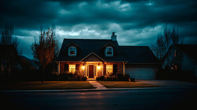 Maison allum&eacute;e dans la nuit dans la campagne
