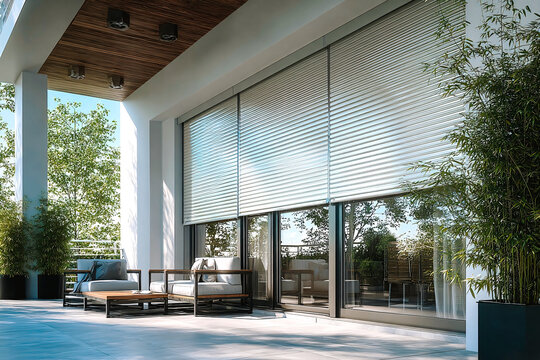 Volets roulants a demi ferm&eacute; sur grande fen&ecirc;tre donnant sur une terrasse