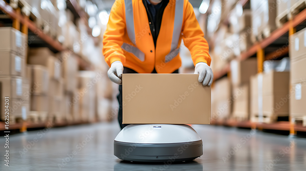 Poster warehouse worker placing a box on a delivery robot, surrounded by shelves of boxes. focus on automat