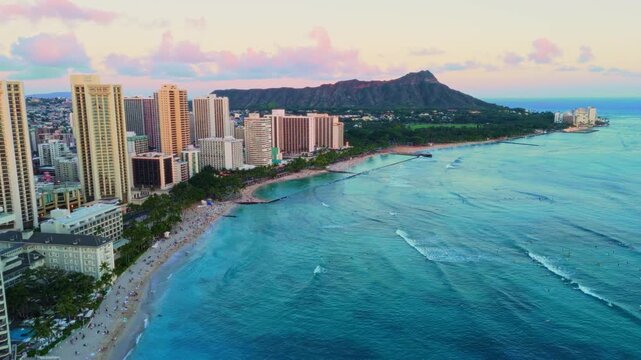 Aerial sunset view of Waikiki Beach Skyline and Diamond Head, Oahu, Hawaii