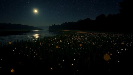 Serene Nightscape: Glowing Lights Dance Over Calm Water Under a Starry Sky and Soft Moonlight Reflection.