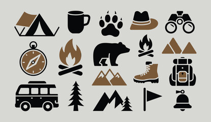 Camping and Outdoor Adventure Icons Set with Tent Bear and Backpack campfire