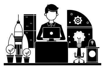 Tech Incubator Scene Silhouette Vector – Startup Innovation, Entrepreneurial Hub, and Modern Workspace Concept
