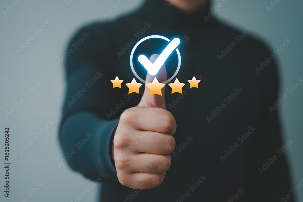 Poster close up of a person giving a thumbs up with a glowing checkmark and five stars symbolizing excellen