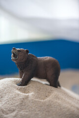 The concept of psychology. Sand
therapy. A bear figurine in a blue sandbox.
Psychology. Therapy. POST-TRAUMATIC
stress disorder. Confrontation. Aggression. PTSD. 