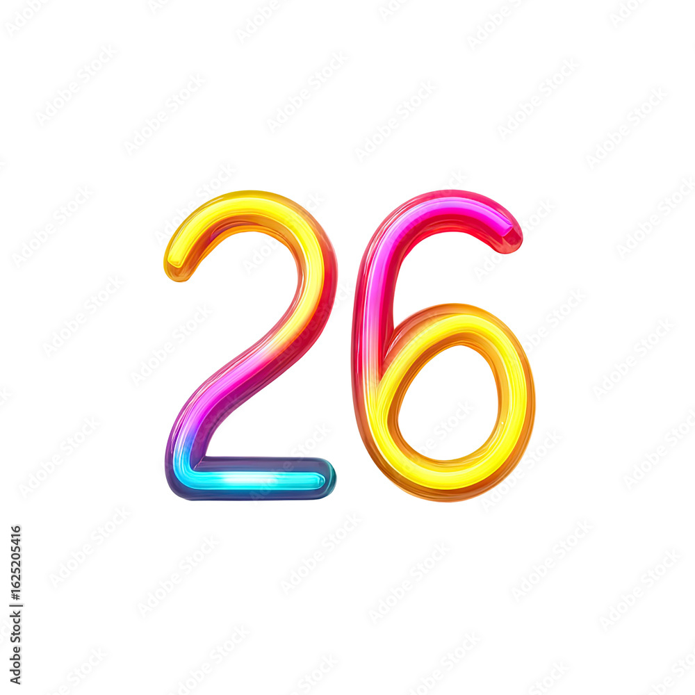 Poster colorful number twenty-six with vibrant gradient design and smooth curves on a black background