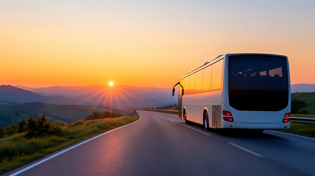 Tour bus on scenic highway. Sunlight glistens on the asphalt. The vehicle is driving off into the distance to an unknown destination on a cross country tour.