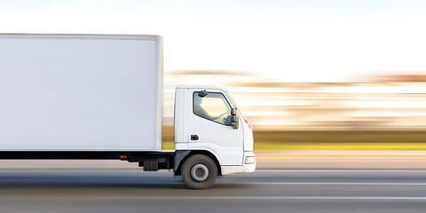 A white delivery truck speeds along a highway, its motion blurred against the landscape. Fast and reliable transportation is depicted in this shot.
