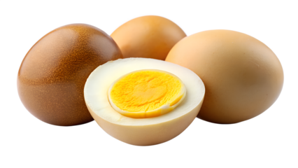 Closeup of Hard Boiled Eggs with One Cut in Half Showing Yolk