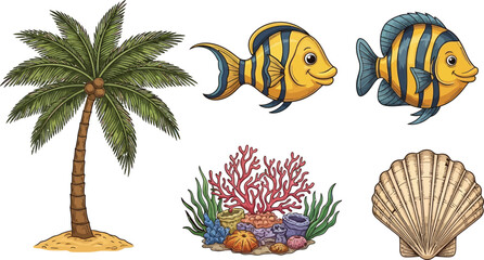 Illustration of a palm tree, two fish, coral reef, and seashell on a white background.
