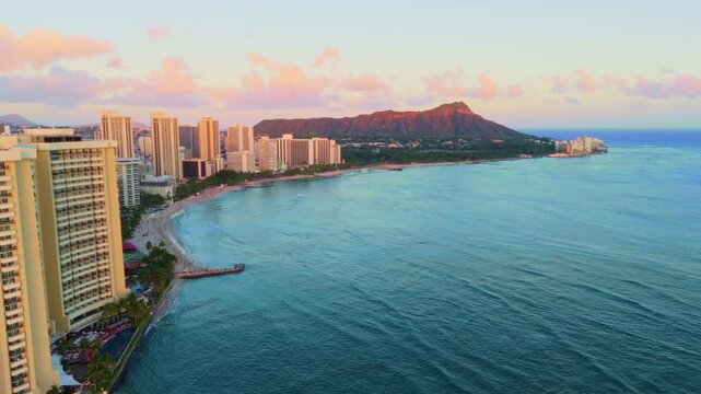 Aerial sunset view of Waikiki Beach Skyline and Diamond Head, Oahu, Hawaii