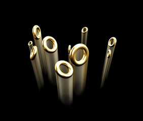 Golden rings floating on a black background