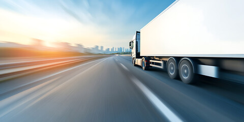 Express delivery truck speeding along highway at dawn with distant city skyline.  Fast, dependable service for all shipping needs.