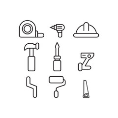 Obraz premium black outline icons of construction tools including hammer, drill, hard hat, tape measure, wrench, saw, roller, screwdriver on white background.eps