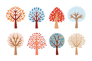 Artistic Seasonal Trees Illustration: Eight stylized trees showcase the beauty of the seasons, each adorned with distinct foliage and color palettes, illustrating nature's diversity and cycles.