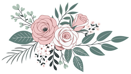 "Collection of minimal botanical vector illustrations with soft color gradients. Includes eucalyptus branches, rosebuds, and wildflowers. Clean flat design with a modern aesthetic, ideal for branding 