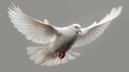 Fototapeta premium A white dove in mid-flight over plain gray background