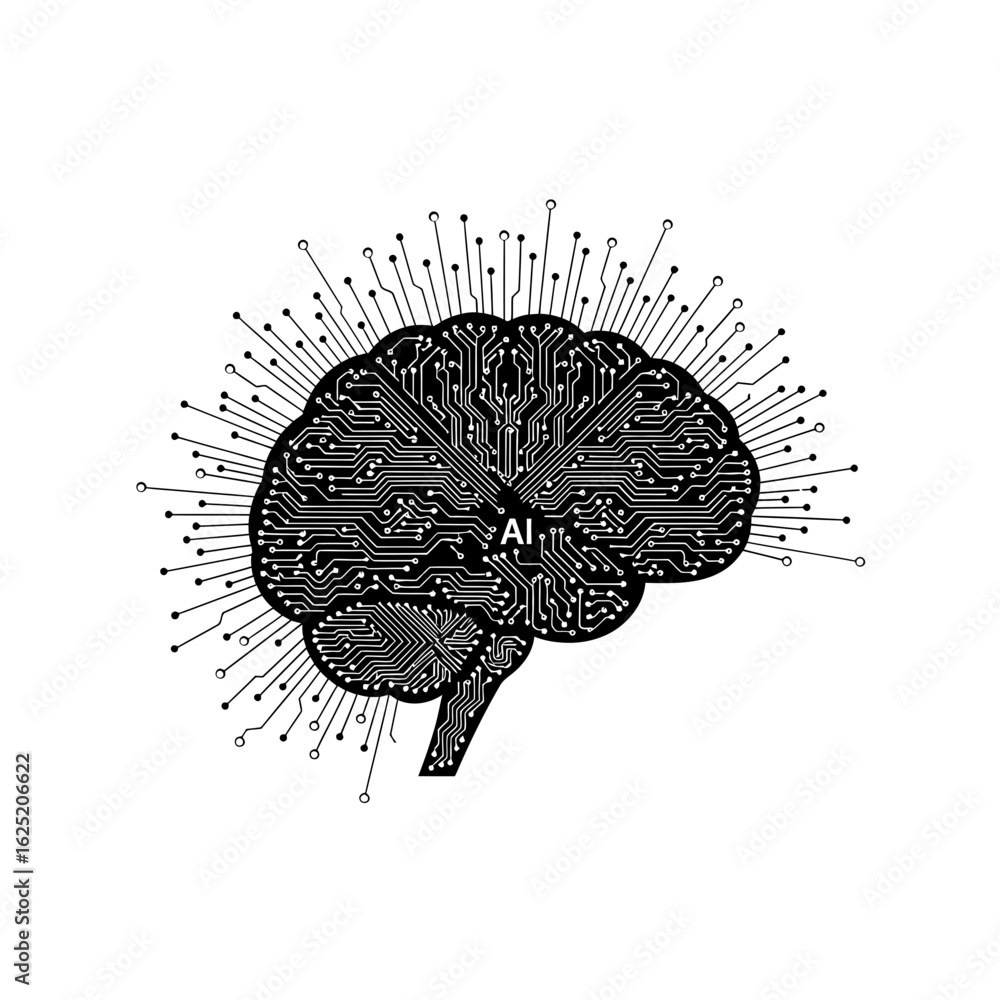 Poster artificial intelligence brain with neural network isolated on white