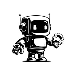 Cute robot holding gears isolated on white background
