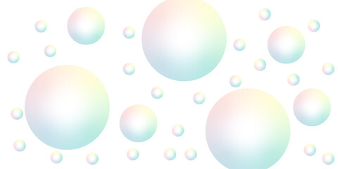 Soap bubbles with rainbow reflection on white background. Geometric background with dynamic drop compositions. For elegant pattern cover book. Shimmering surface Greeting card Invitation Holiday