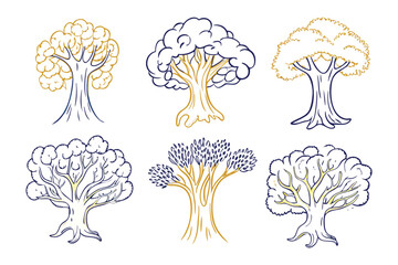 Diverse Trees Collection: A collection of six meticulously crafted line art illustrations showcasing the beauty of trees, each with its unique shape and character.