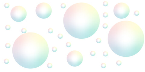 Soap bubbles with rainbow reflection on white background. Geometric background with dynamic drop compositions. For elegant pattern cover book. Shimmering surface Greeting card Invitation Holiday