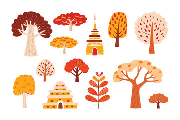 Autumnal Arbor Collection: A vibrant assortment of stylized trees and temple capture the essence of autumn. This diverse collection offers a visual journey into the beauty of the season.