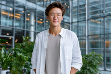 Young asian freelancer smiling in modern office building