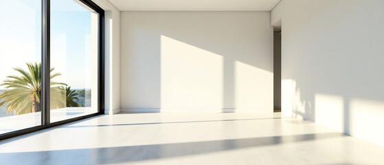 Fototapeta premium Stylish minimalist luxury apartment interior featuring expansive windows that flood the space with natural light. High-end finishes, clean lines, and a sense of spaciousness.