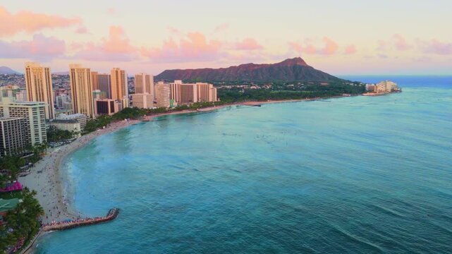 Aerial sunset view of Waikiki Beach Skyline and Diamond Head, Oahu, Hawaii