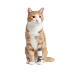 Cute ginger cat with bandage on paw sitting calmly, showcasing adorable expression and playful demeanor