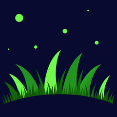 Green grass and glowing orbs against a dark night sky