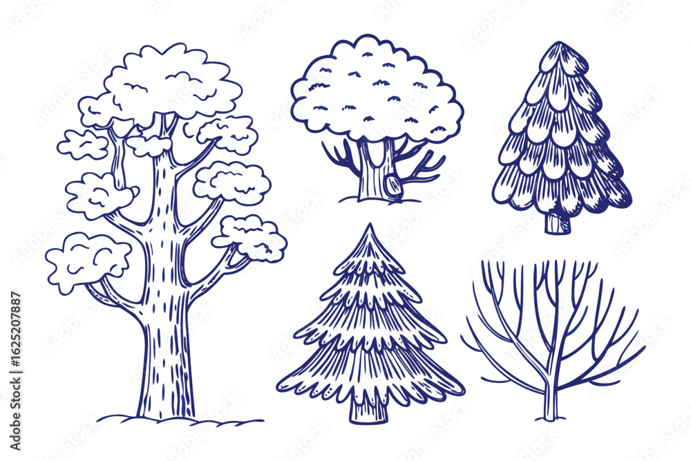 Poster sketches of nature: this image showcases a collection of meticulously hand-drawn trees in various sp