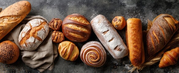 The variety of artisanal bread elegantly arranged on a rustic table.