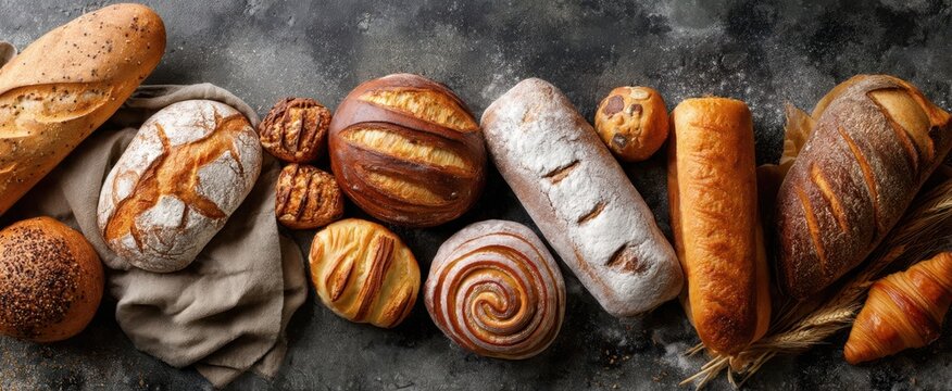 The variety of artisanal bread elegantly arranged on a rustic table.