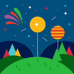 Festive night sky with fireworks and colorful decorations