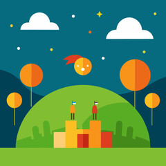 Two figures stand on a podium under a starry sky with a comet