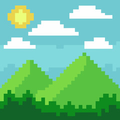Pixel art sunny day with green mountains and clouds