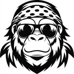 Black and white gorilla head wearing sunglasses and a polka dot bandana appears formidable