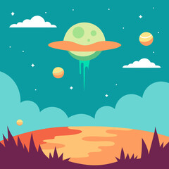 Stylized alien landscape with flying saucer and planets