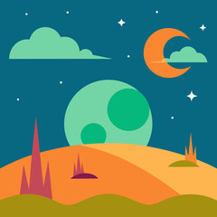Whimsical alien landscape under a crescent moon and large planet