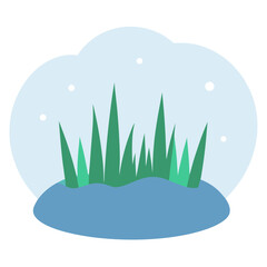 Green grass growing in blue water under a cloudy sky