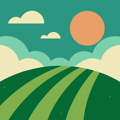 Stylized rolling green fields under a sunny sky