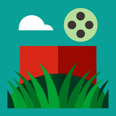 Stylized outdoor scene with grass cloud and abstract object