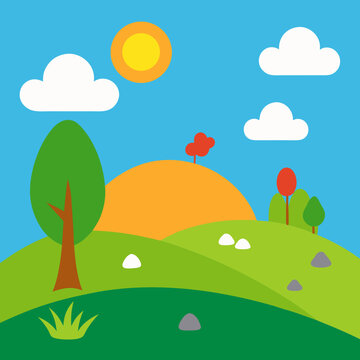 Sunny day on rolling green hills with simple trees and clouds